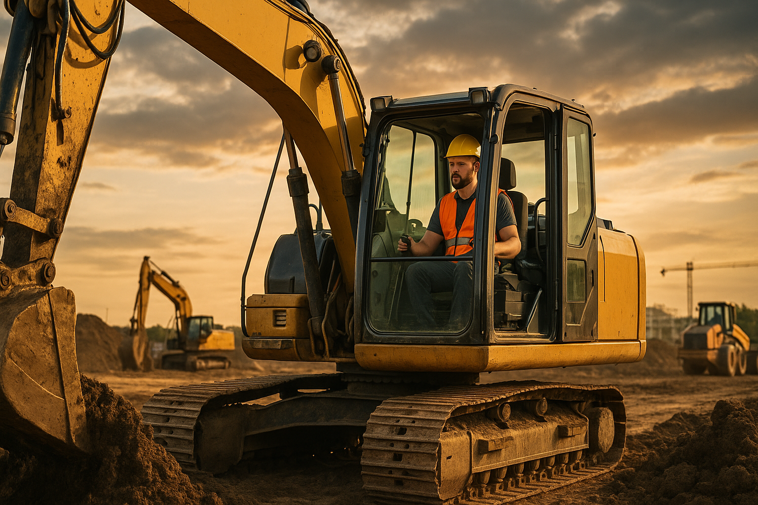 Maschinist in einem Bagger auf einer Baustelle