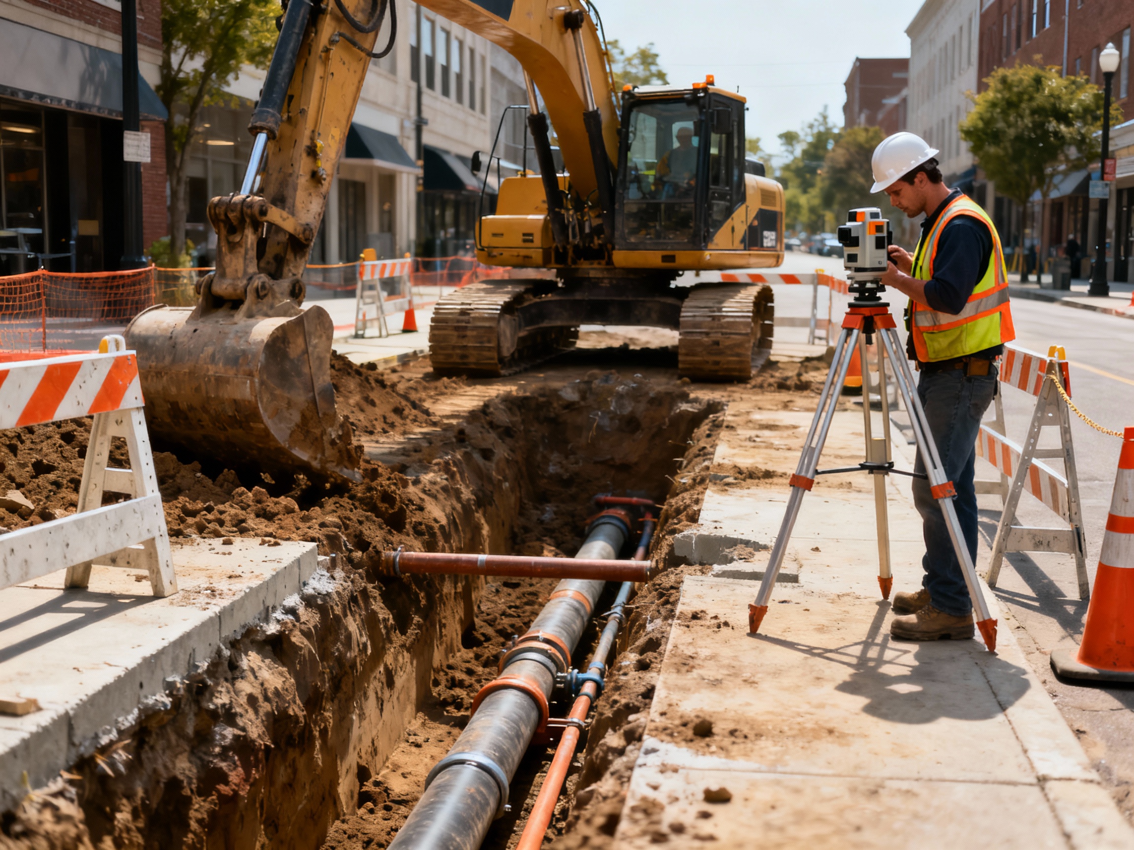 Tiefbauarbeiten mit Bagger und Leitungsgraben