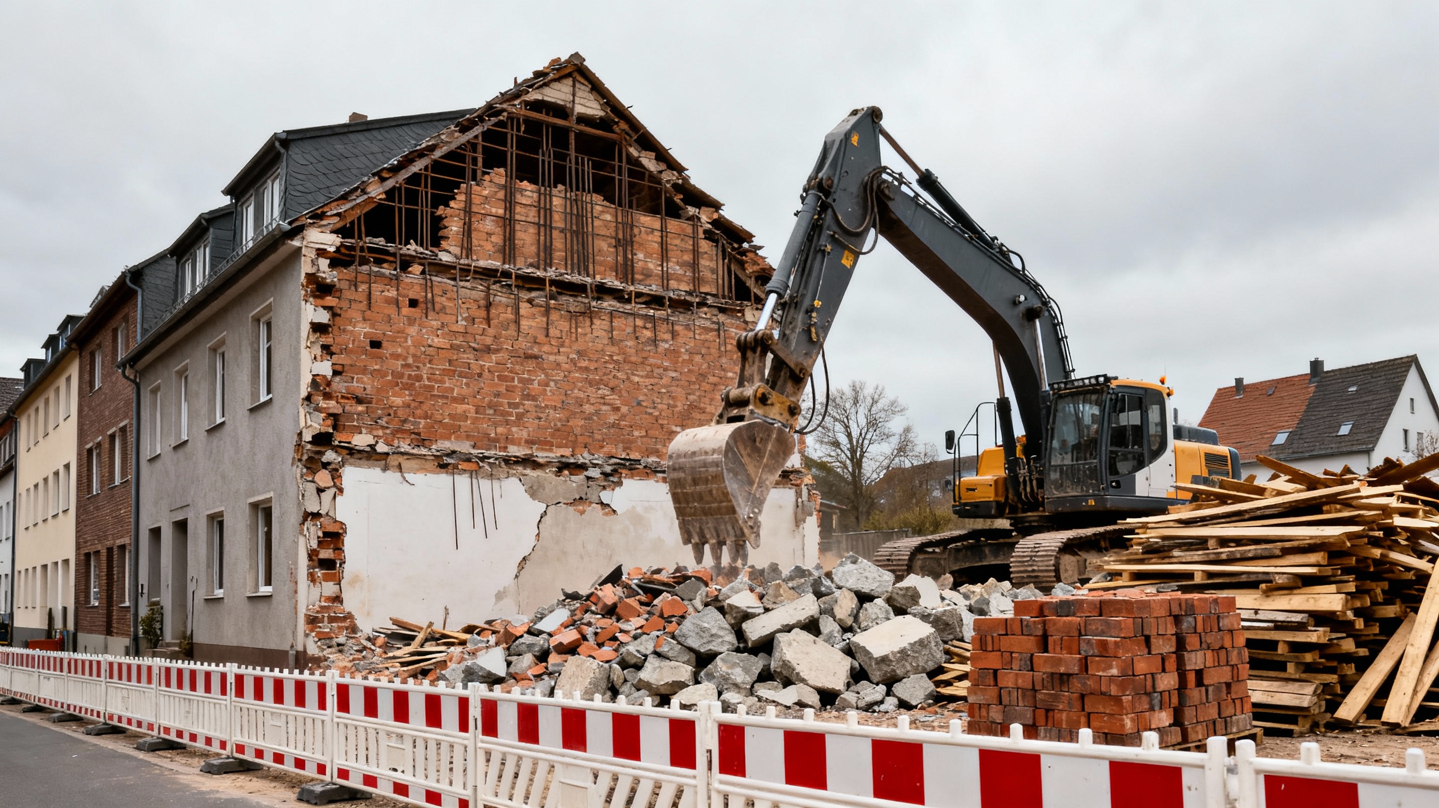 Teilabbruch eines Wohnhauses mit Bagger und sortiertem Bauschutt