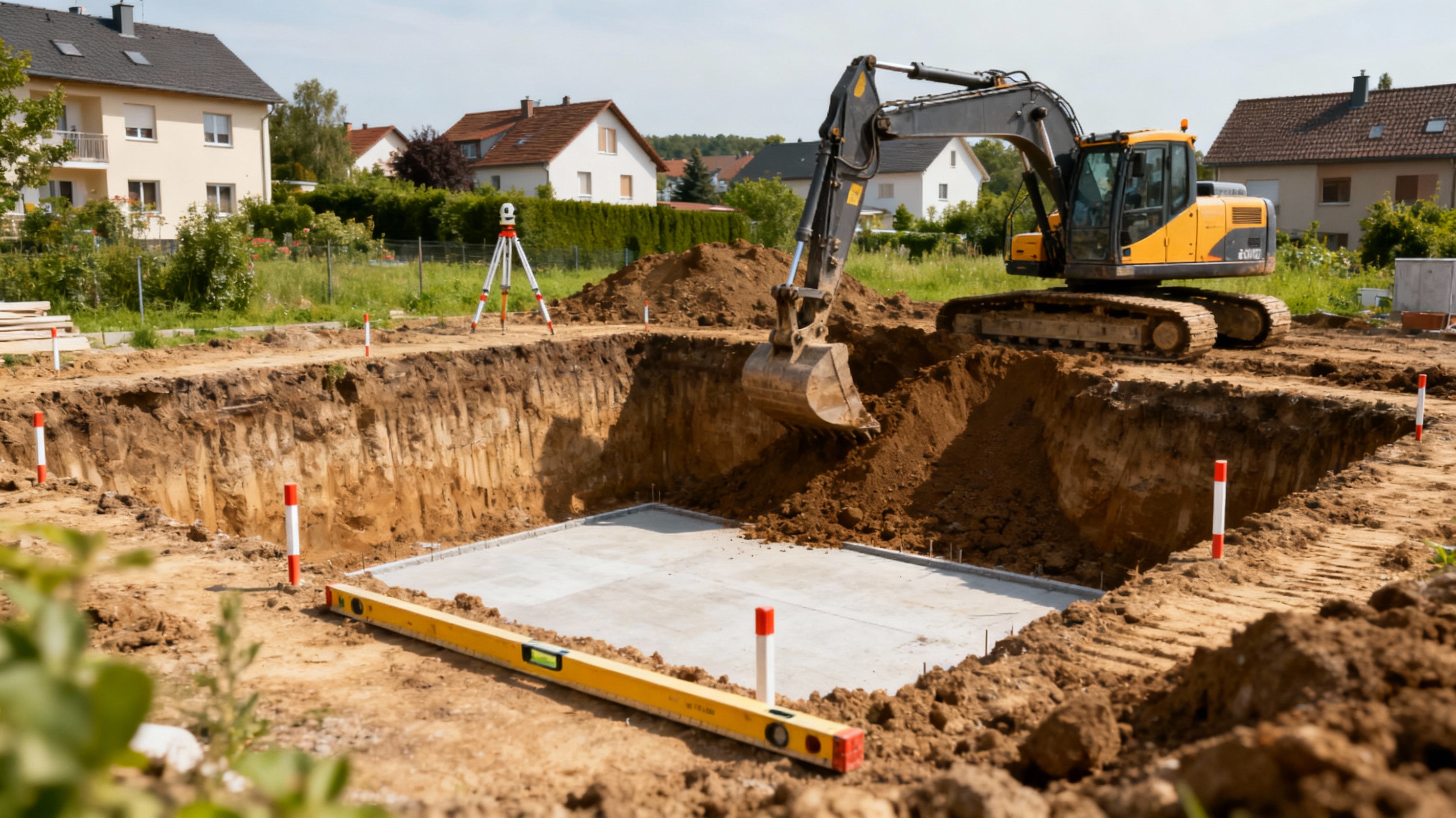 Baugrube und Erdarbeiten für ein Mehrfamilienhaus mit Bagger