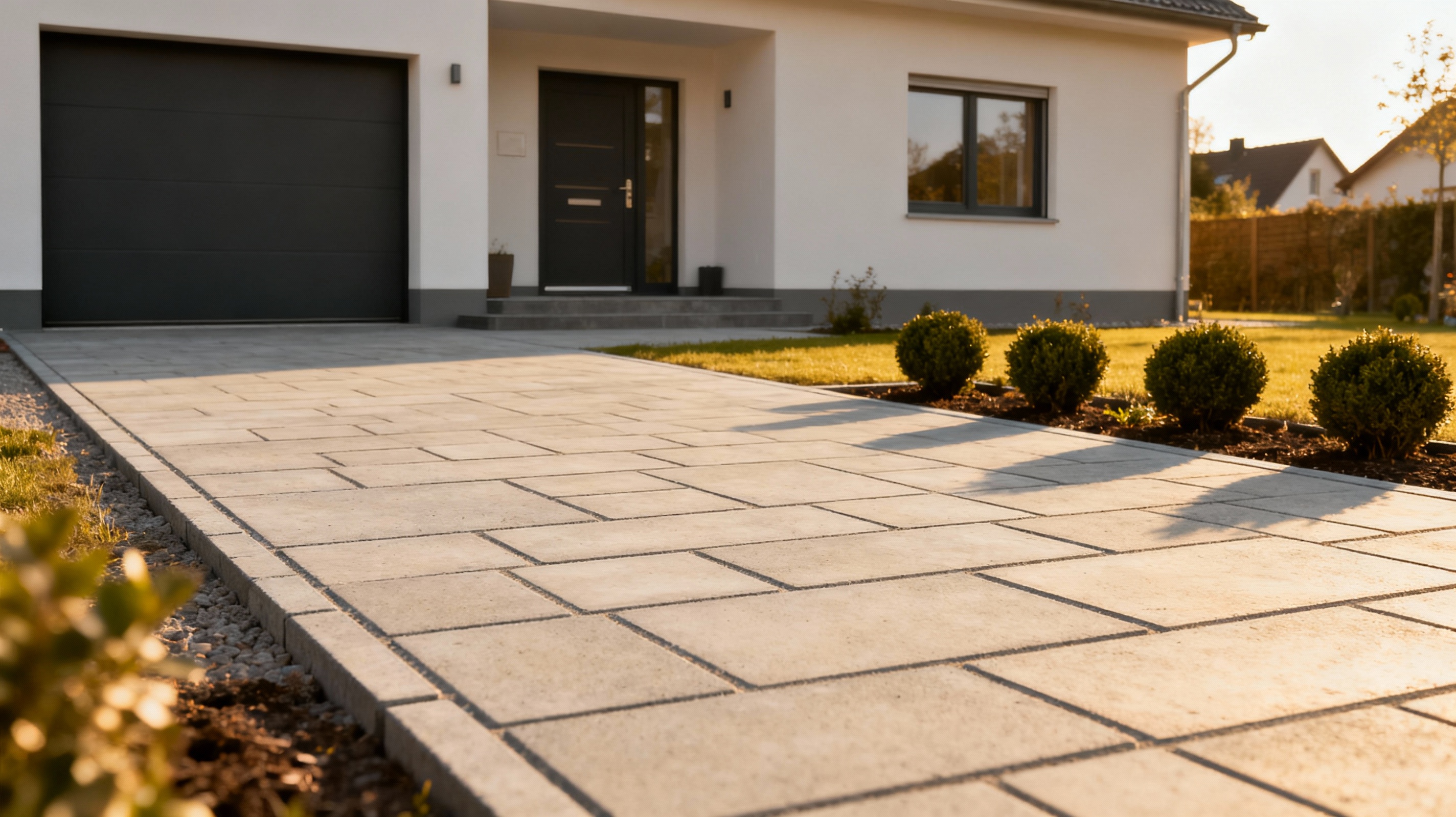 Neu gepflasterte Einfahrt und Wege vor einem Wohnhaus