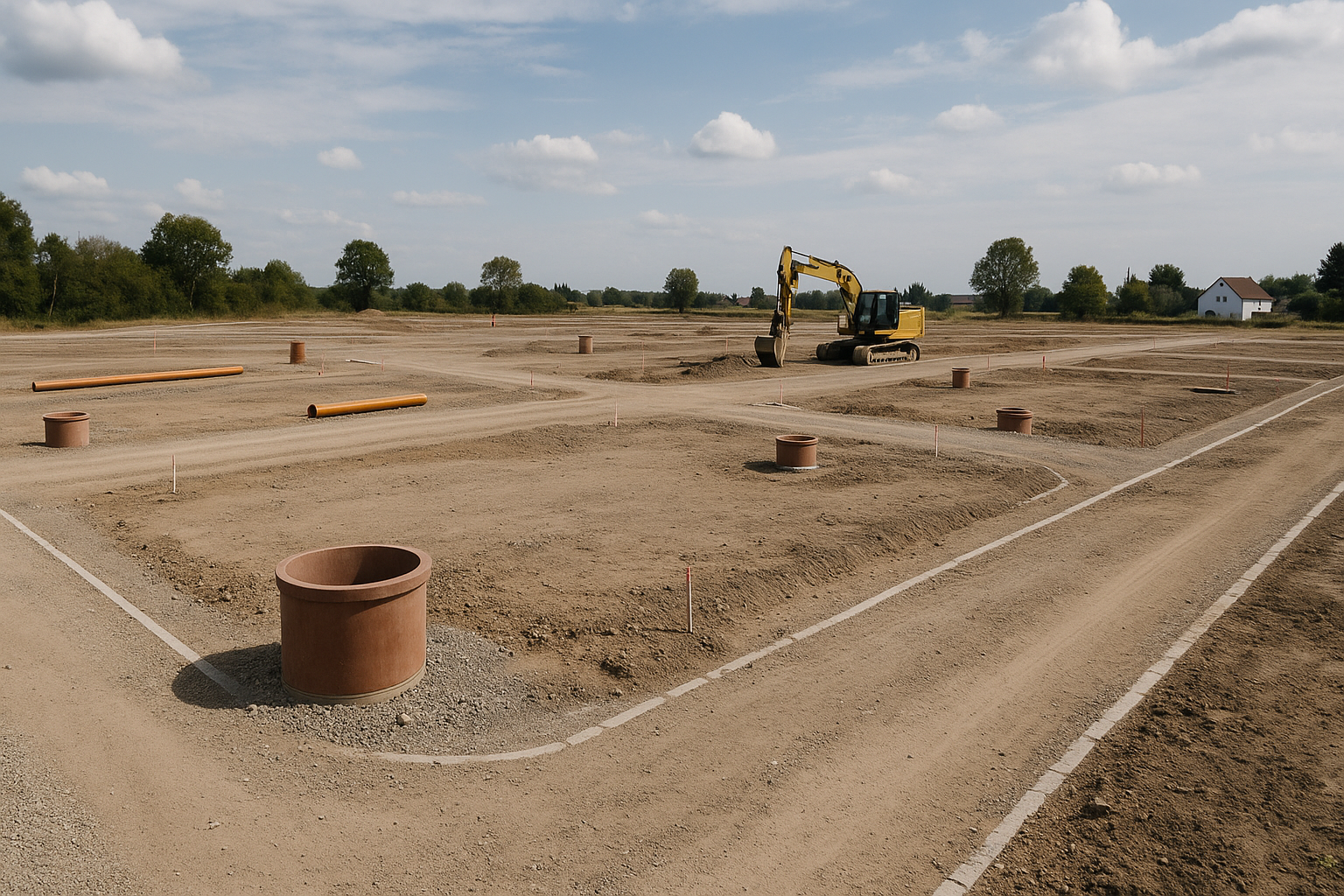 Gerodete Fläche mit Baumaschinen bei der Erschließung eines Baugebiets
